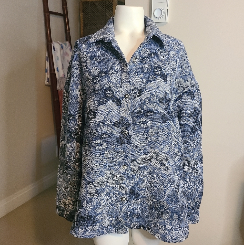 Jacket Knit Blue Floral Tapestry Look Size M Made In Italy Womens